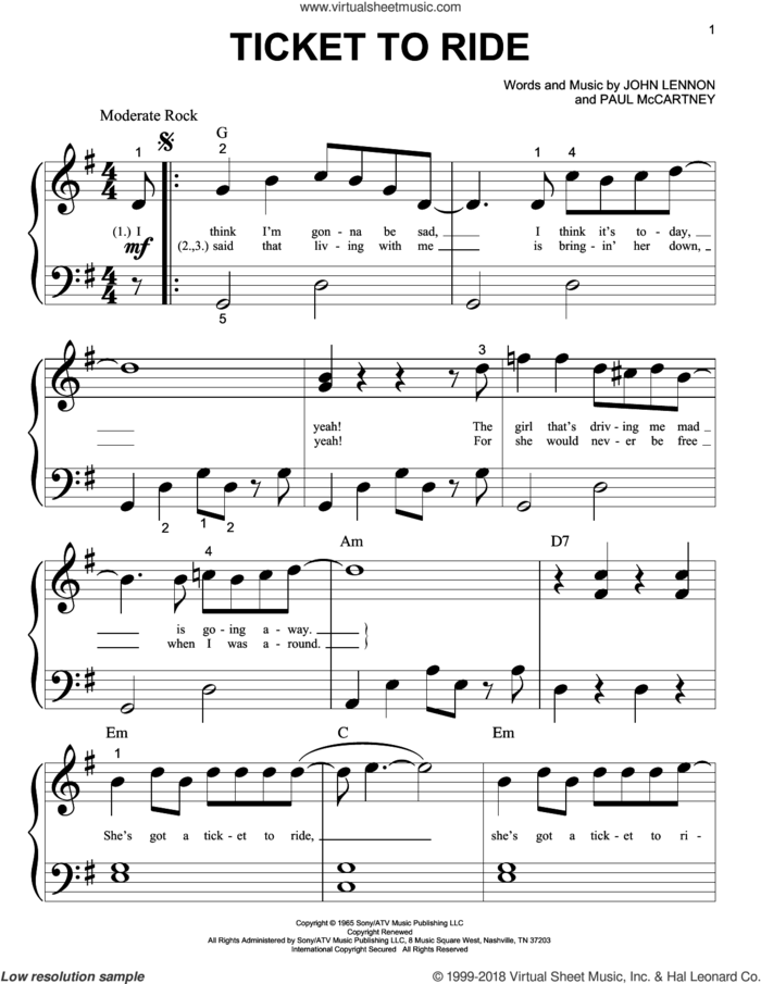 Ticket To Ride sheet music for piano solo (big note book) by The Beatles, John Lennon and Paul McCartney, easy piano (big note book)
