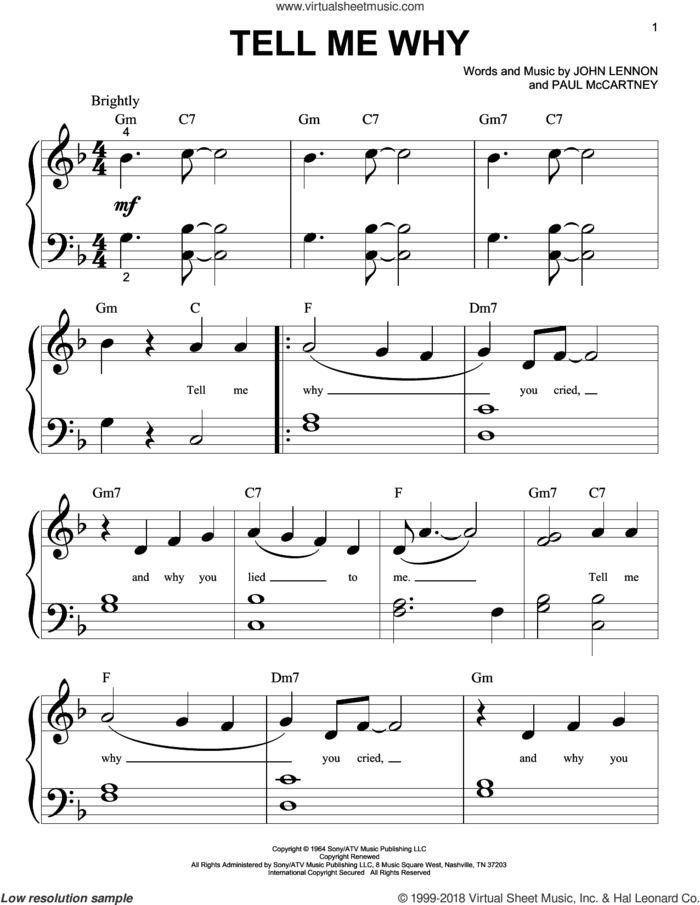 Tell Me Why sheet music for piano solo (big note book) by The Beatles, John Lennon and Paul McCartney, easy piano (big note book)