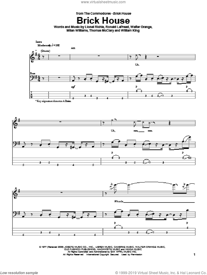 Brick House sheet music for bass (tablature) (bass guitar) by The Commodores, Lionel Richie, Milan Williams, Ronald LaPread, Thomas McClary, Walter Orange and William King, intermediate skill level