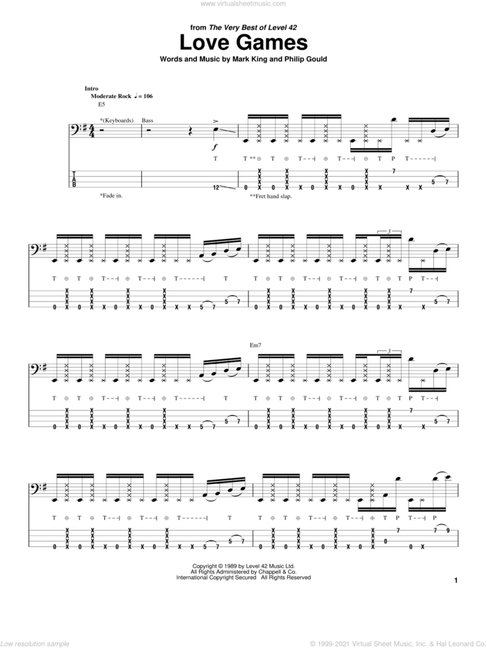 Love Games sheet music for bass (tablature) (bass guitar) by Level 42, Mark King and Philip Gould, intermediate skill level