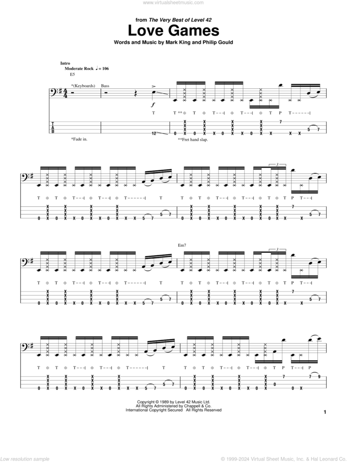 Love Games sheet music for bass (tablature) (bass guitar) by Level 42, Mark King and Philip Gould, intermediate skill level