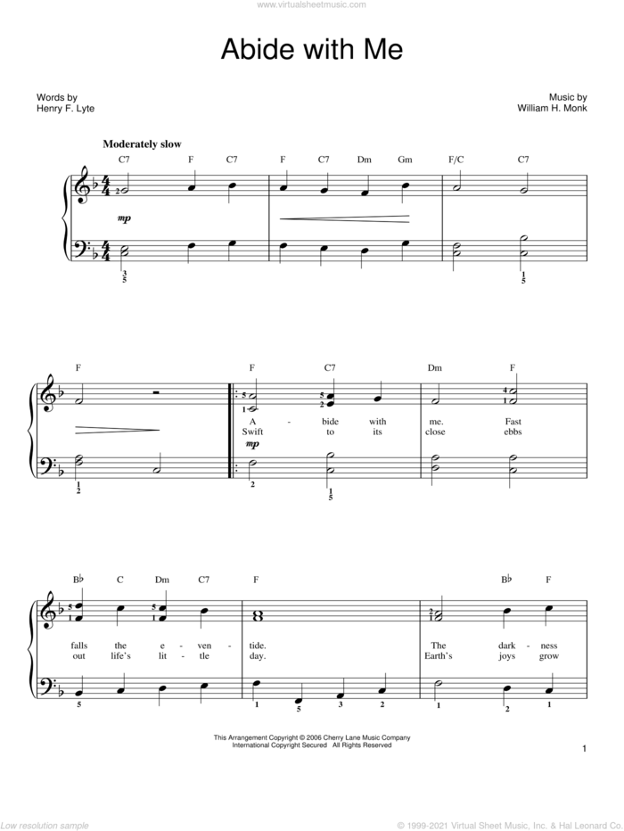 Abide With Me, (easy) sheet music for piano solo by Henry F. Lyte and William Henry Monk, easy skill level