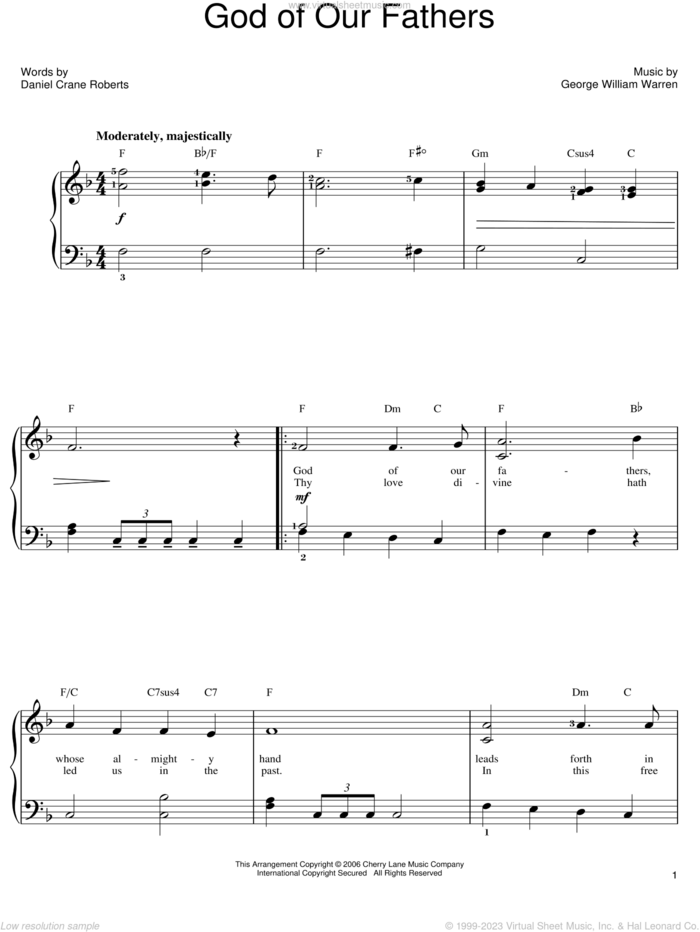 God Of Our Fathers sheet music for piano solo by Daniel Crane Roberts and George William Warren, easy skill level