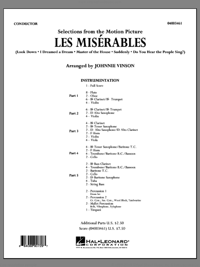 Les Miserables (Selections from the Motion Picture) (COMPLETE) sheet music for concert band by Johnnie Vinson, intermediate skill level
