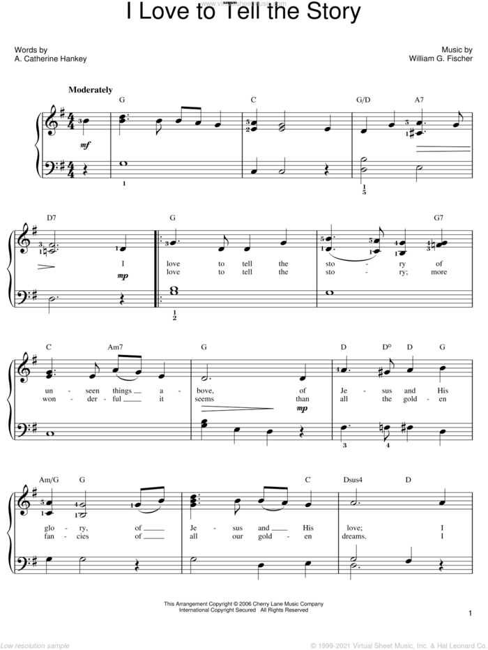 I Love To Tell The Story, (easy) sheet music for piano solo by A. Catherine Hankey and William G. Fischer, easy skill level