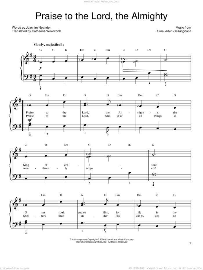 Praise To The Lord, The Almighty, (easy) sheet music for piano solo by Joachim Neander, Catherine Winkworth and Erneuerten Gesangbuch, easy skill level