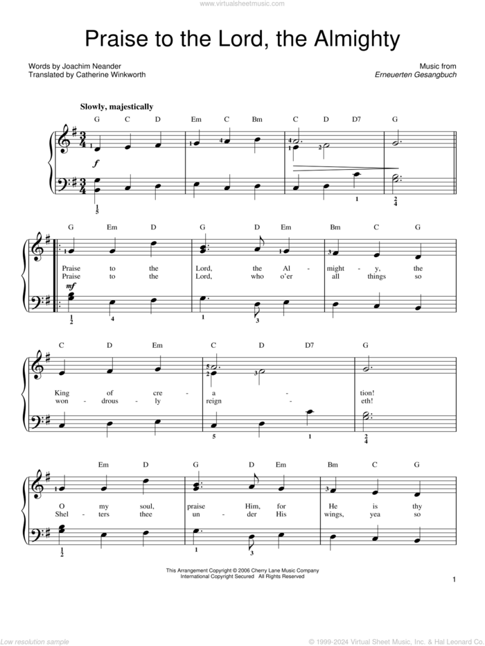 Praise To The Lord, The Almighty, (easy) sheet music for piano solo by Joachim Neander, Catherine Winkworth and Erneuerten Gesangbuch, easy skill level