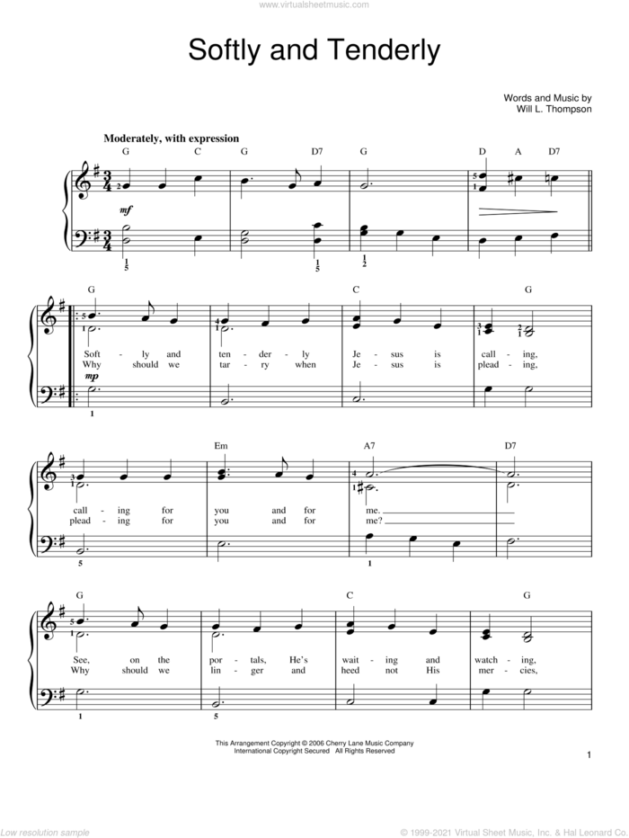 Softly And Tenderly sheet music for piano solo by Will L. Thompson, easy skill level