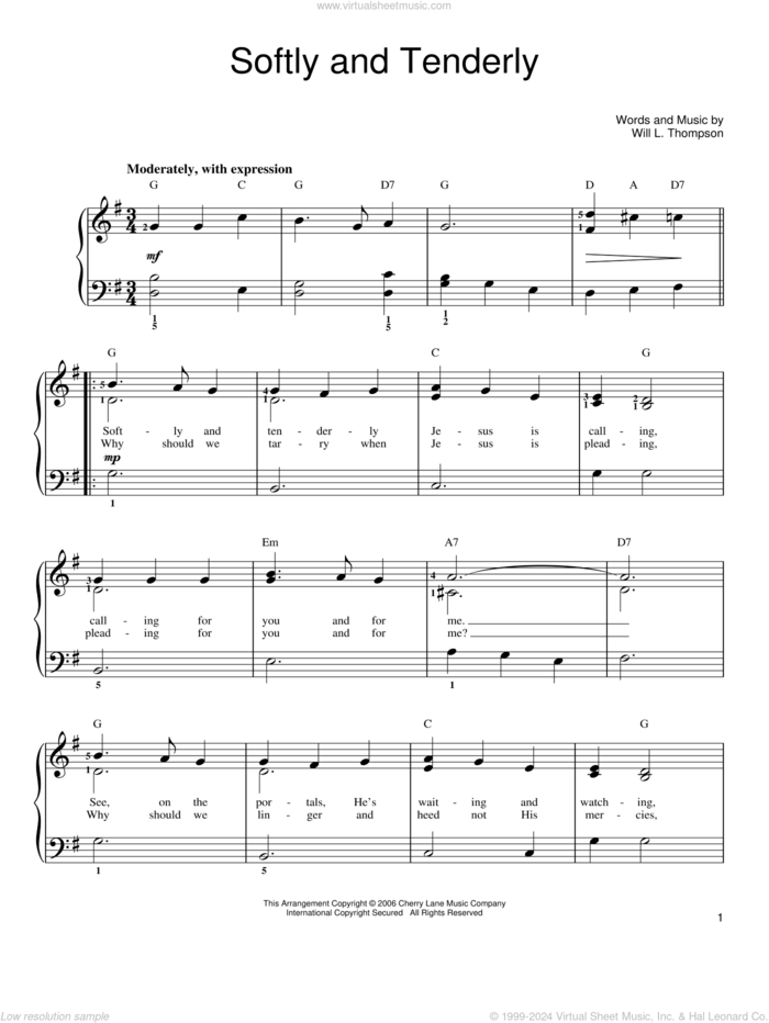 Softly And Tenderly, (easy) sheet music for piano solo by Will L. Thompson, easy skill level