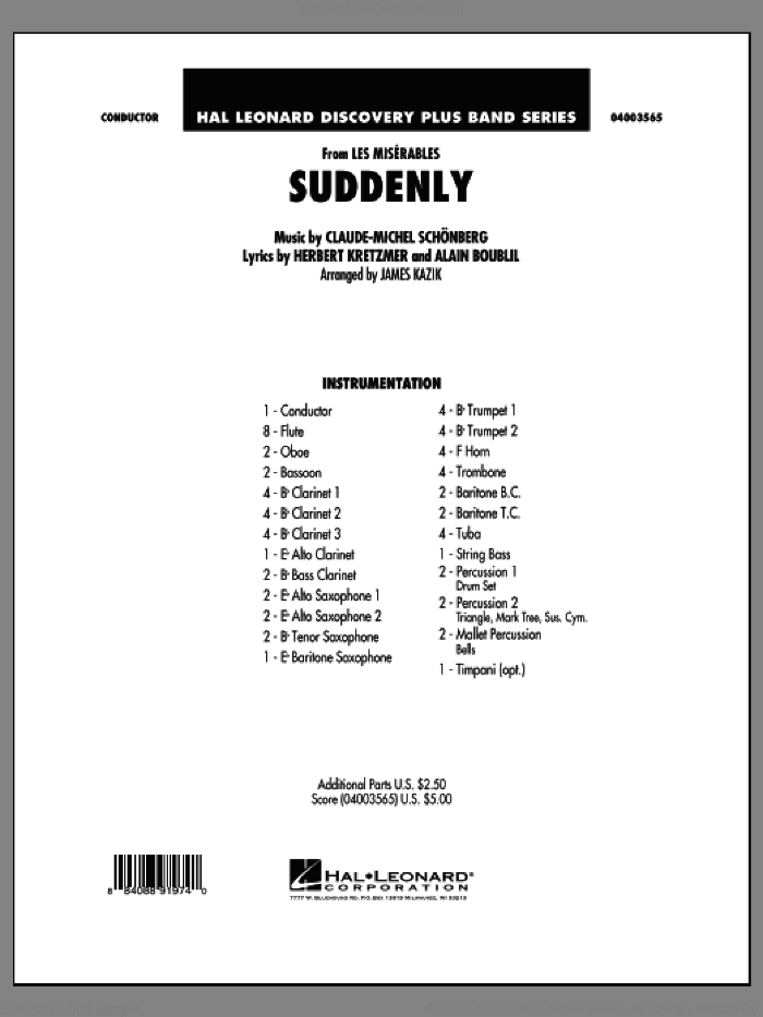 Suddenly (from Les Miserables) (COMPLETE) sheet music for concert band by Alain Boublil, Claude-Michel Schonberg and James Kazik, intermediate skill level