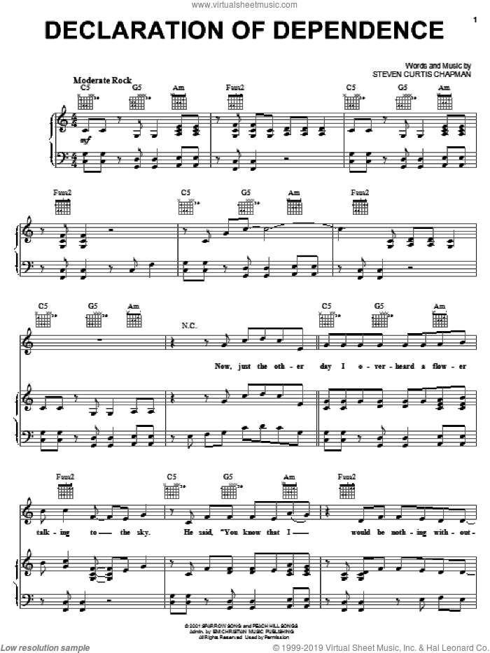 Declaration Of Dependence sheet music for voice, piano or guitar by Steven Curtis Chapman, intermediate skill level