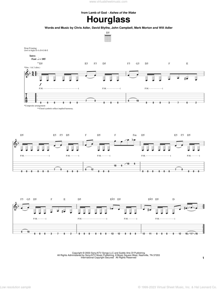 Hourglass sheet music for guitar (tablature) by Lamb Of God, Chris Adler, David Blythe, John Campbell, Mark Morton and Will Adler, intermediate skill level