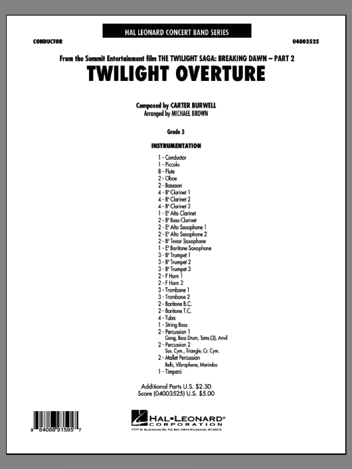 Twilight Overture (from The Twilight Saga: Breaking DawnAPart 2) sheet music for concert band (full score) by Carter Burwell and Michael Brown, intermediate skill level