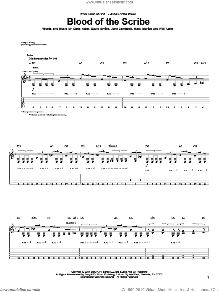 Blood Of The Scribe sheet music for guitar (tablature) by Lamb Of God, Chris Adler, David Blythe, John Campbell, Mark Morton and Will Adler, intermediate skill level
