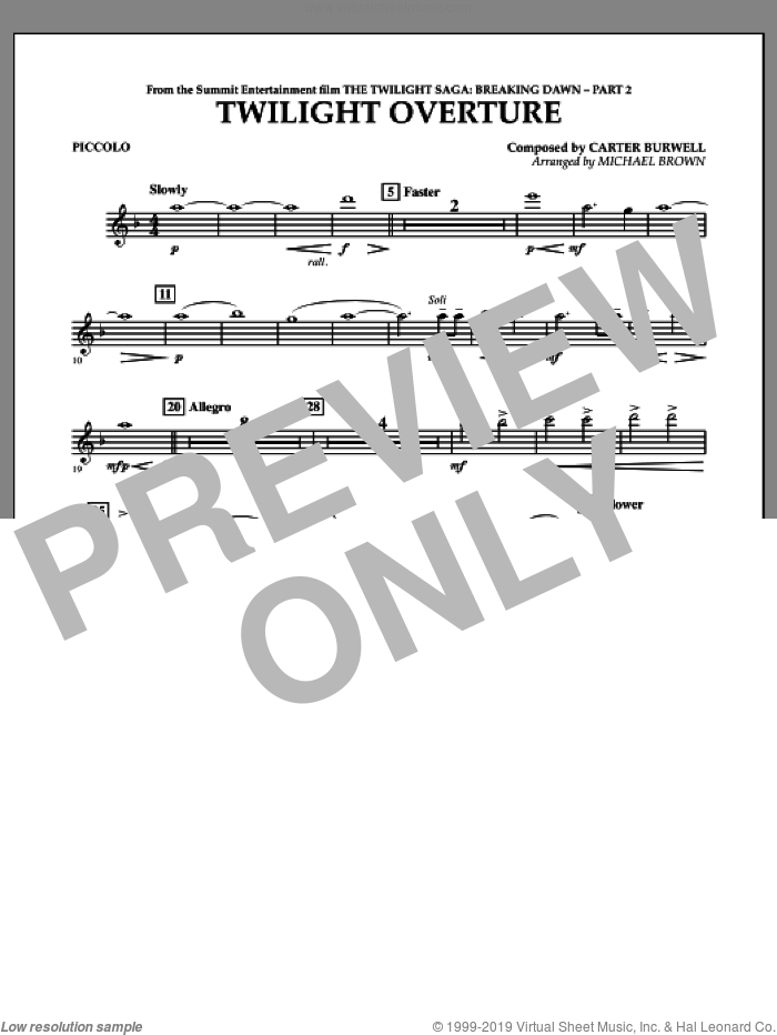 Twilight Overture (from The Twilight Saga: Breaking DawnAPart 2) sheet music for concert band (piccolo) by Carter Burwell and Michael Brown, intermediate skill level