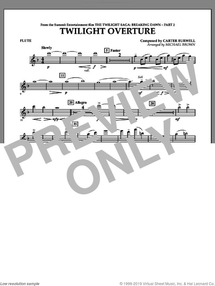 Twilight Overture (from The Twilight Saga: Breaking DawnAPart 2) sheet music for concert band (flute) by Carter Burwell and Michael Brown, intermediate skill level