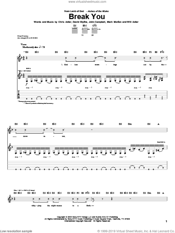 Break You sheet music for guitar (tablature) by Lamb Of God, Chris Adler, David Blythe, John Campbell, Mark Morton and Will Adler, intermediate skill level