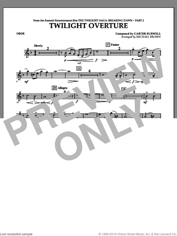 Twilight Overture (from The Twilight Saga: Breaking DawnAPart 2) sheet music for concert band (oboe) by Carter Burwell and Michael Brown, intermediate skill level
