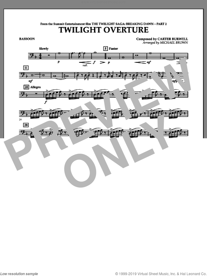 Twilight Overture (from The Twilight Saga: Breaking DawnAPart 2) sheet music for concert band (bassoon) by Carter Burwell and Michael Brown, intermediate skill level