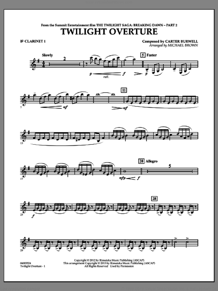 Twilight Overture (from The Twilight Saga: Breaking DawnAPart 2) sheet music for concert band (Bb clarinet 1) by Carter Burwell and Michael Brown, intermediate skill level