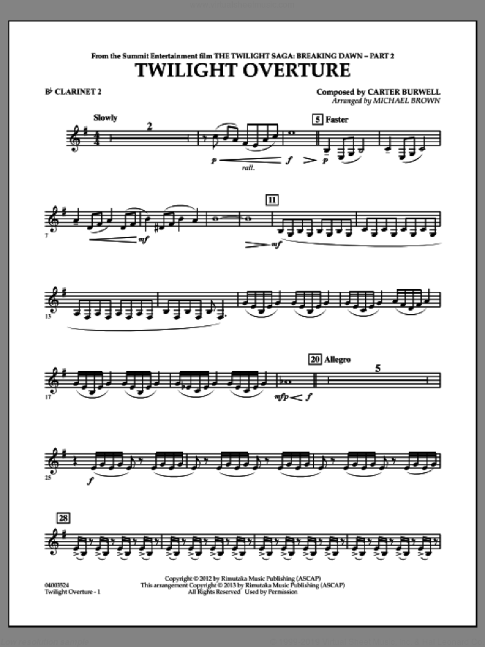 Twilight Overture (from The Twilight Saga: Breaking DawnAPart 2) sheet music for concert band (Bb clarinet 2) by Carter Burwell and Michael Brown, intermediate skill level