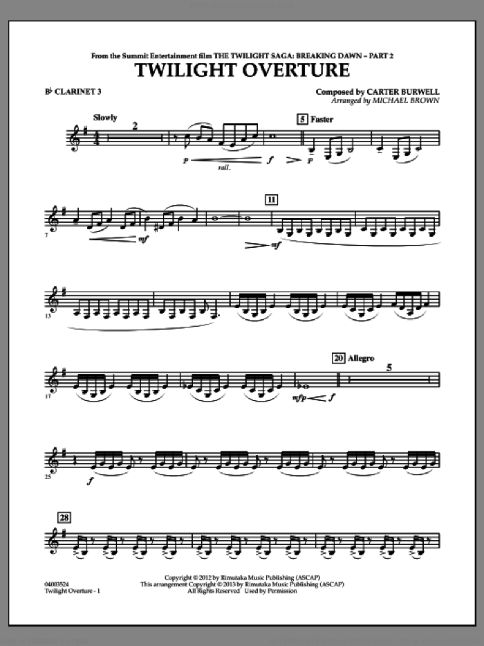 Twilight Overture (from The Twilight Saga: Breaking DawnAPart 2) sheet music for concert band (Bb clarinet 3) by Carter Burwell and Michael Brown, intermediate skill level