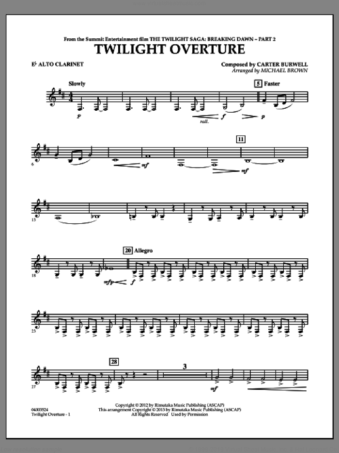 Twilight Overture (from The Twilight Saga: Breaking DawnAPart 2) sheet music for concert band (Eb alto clarinet) by Carter Burwell and Michael Brown, intermediate skill level