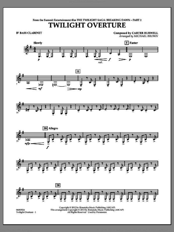 Twilight Overture (from The Twilight Saga: Breaking DawnAPart 2) sheet music for concert band (Bb bass clarinet) by Carter Burwell and Michael Brown, intermediate skill level