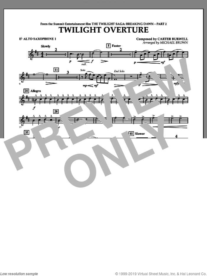 Twilight Overture (from The Twilight Saga: Breaking DawnAPart 2) sheet music for concert band (Eb alto saxophone 1) by Carter Burwell and Michael Brown, intermediate skill level