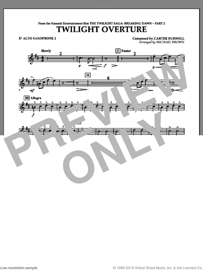Twilight Overture (from The Twilight Saga: Breaking DawnAPart 2) sheet music for concert band (Eb alto saxophone 2) by Carter Burwell and Michael Brown, intermediate skill level
