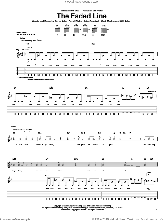 The Faded Line sheet music for guitar (tablature) by Lamb Of God, Chris Adler, David Blythe, John Campbell, Mark Morton and Will Adler, intermediate skill level