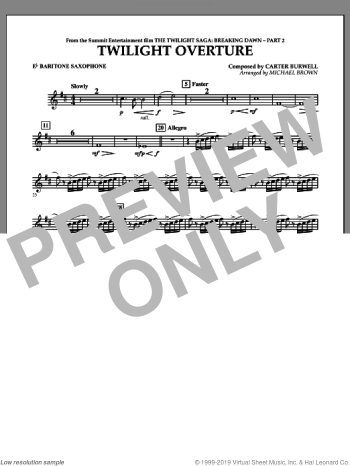 Twilight Overture (from The Twilight Saga: Breaking DawnAPart 2) sheet music for concert band (Eb baritone saxophone) by Carter Burwell and Michael Brown, intermediate skill level
