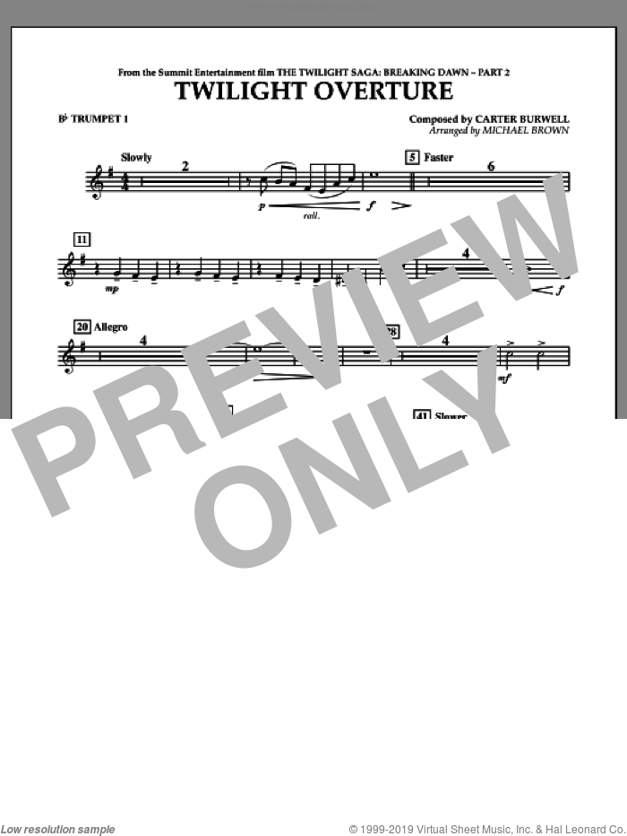 Twilight Overture (from The Twilight Saga: Breaking DawnAPart 2) sheet music for concert band (Bb trumpet 1) by Carter Burwell and Michael Brown, intermediate skill level