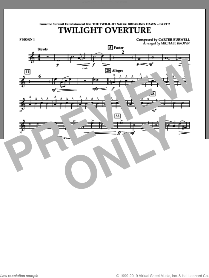 Twilight Overture (from The Twilight Saga: Breaking DawnAPart 2) sheet music for concert band (f horn 1) by Carter Burwell and Michael Brown, intermediate skill level