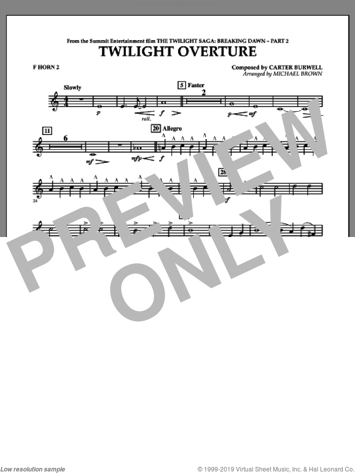 Twilight Overture (from The Twilight Saga: Breaking DawnAPart 2) sheet music for concert band (f horn 2) by Carter Burwell and Michael Brown, intermediate skill level