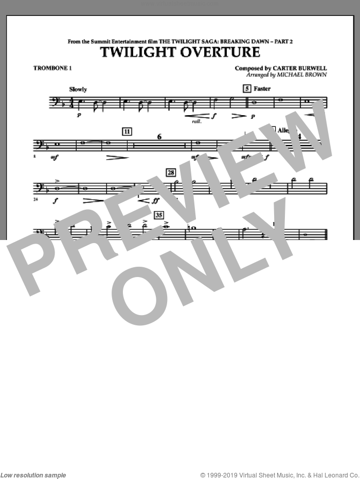 Twilight Overture (from The Twilight Saga: Breaking DawnAPart 2) sheet music for concert band (trombone 1) by Carter Burwell and Michael Brown, intermediate skill level