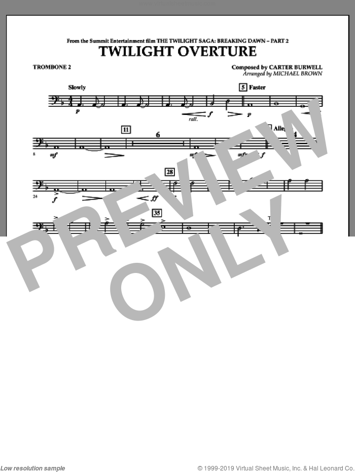 Twilight Overture (from The Twilight Saga: Breaking DawnAPart 2) sheet music for concert band (trombone 2) by Carter Burwell and Michael Brown, intermediate skill level