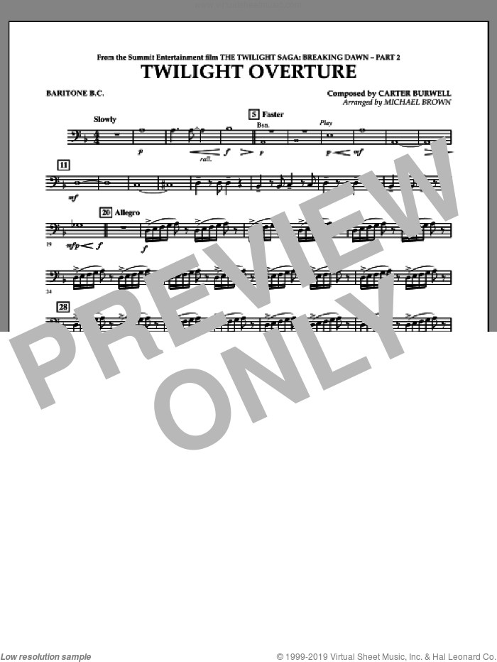 Twilight Overture (from The Twilight Saga: Breaking DawnAPart 2) sheet music for concert band (baritone b.c.) by Carter Burwell and Michael Brown, intermediate skill level