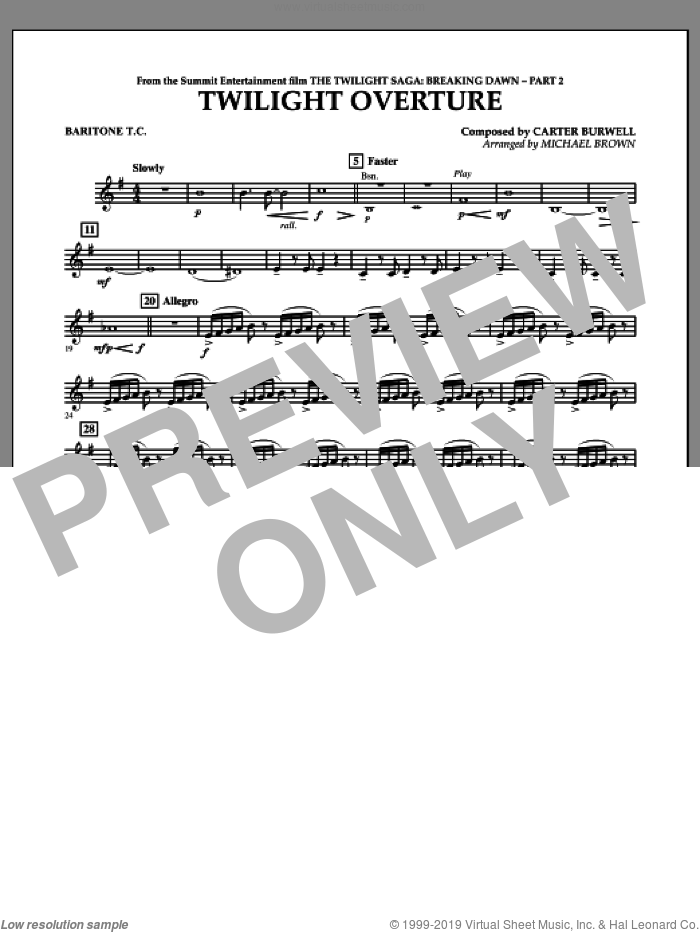 Twilight Overture (from The Twilight Saga: Breaking DawnAPart 2) sheet music for concert band (baritone t.c.) by Carter Burwell and Michael Brown, intermediate skill level