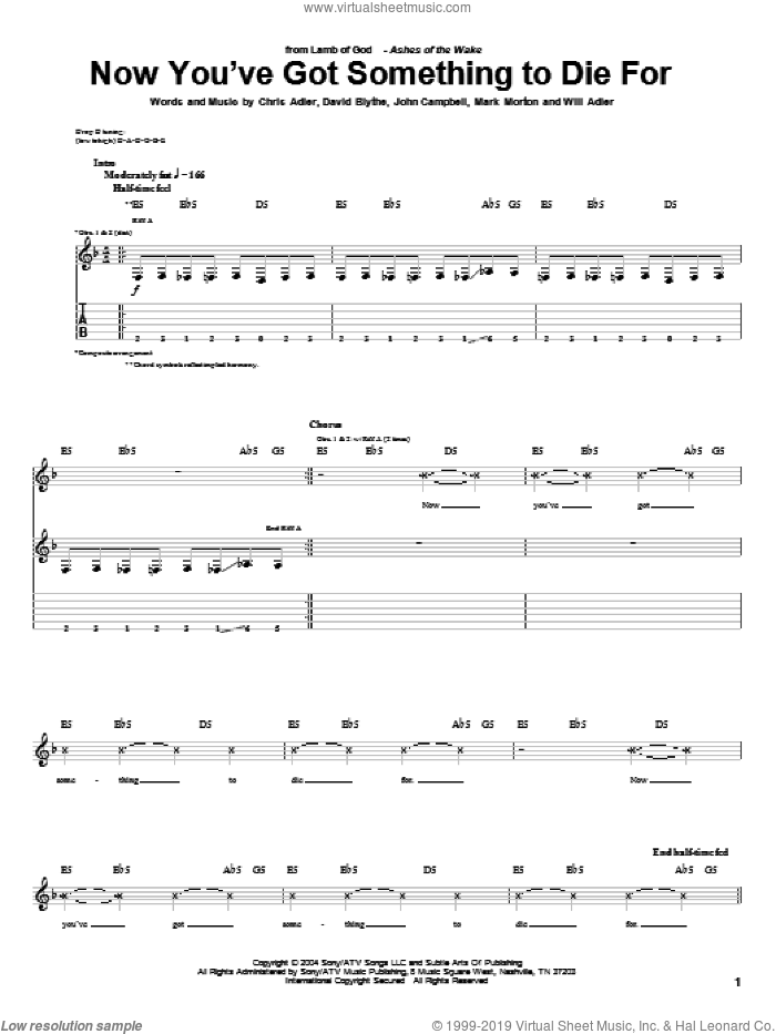 Now You've Got Something To Die For sheet music for guitar (tablature) by Lamb Of God, Chris Adler, David Blythe, John Campbell, Mark Morton and Will Adler, intermediate skill level
