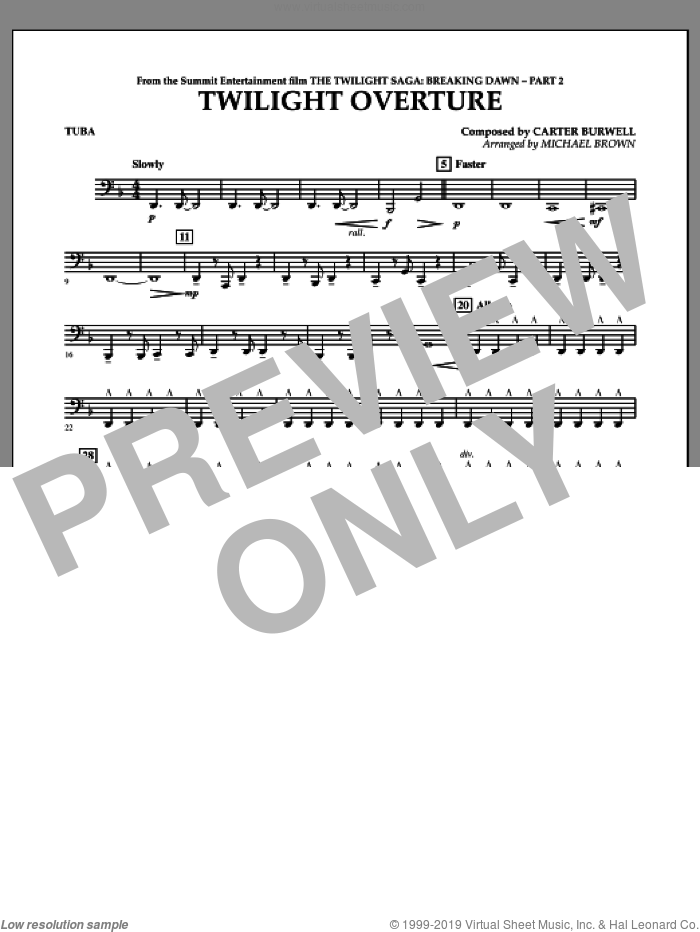 Twilight Overture (from The Twilight Saga: Breaking DawnAPart 2) sheet music for concert band (tuba) by Carter Burwell and Michael Brown, intermediate skill level