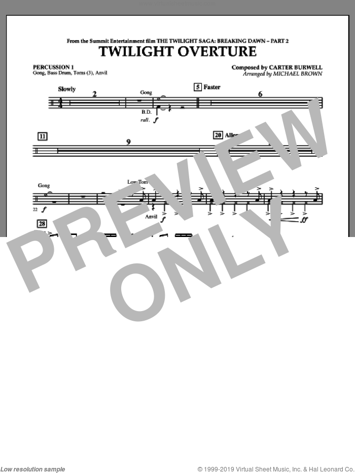 Twilight Overture (from The Twilight Saga: Breaking DawnAPart 2) sheet music for concert band (percussion 1) by Carter Burwell and Michael Brown, intermediate skill level