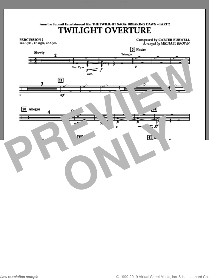 Twilight Overture (from The Twilight Saga: Breaking DawnAPart 2) sheet music for concert band (percussion 2) by Carter Burwell and Michael Brown, intermediate skill level
