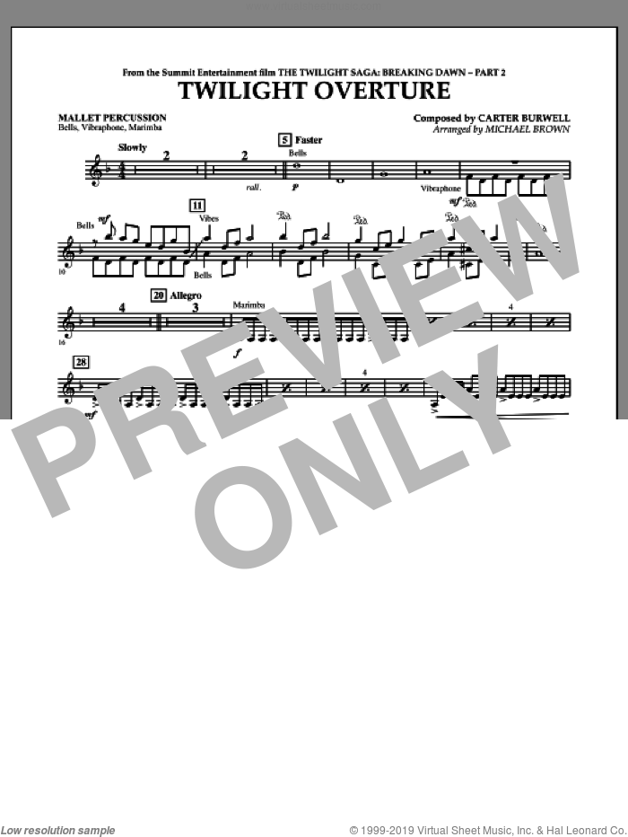 Twilight Overture (from The Twilight Saga: Breaking DawnAPart 2) sheet music for concert band (mallet percussion) by Carter Burwell and Michael Brown, intermediate skill level