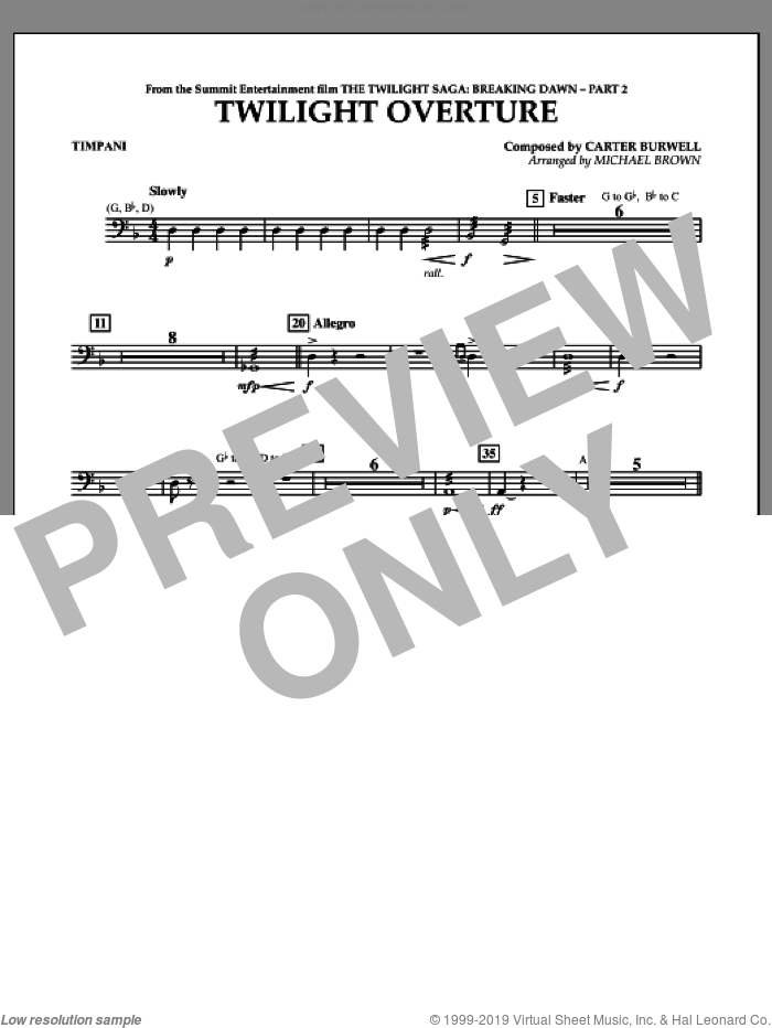 Twilight Overture (from The Twilight Saga: Breaking DawnAPart 2) sheet music for concert band (timpani) by Carter Burwell and Michael Brown, intermediate skill level
