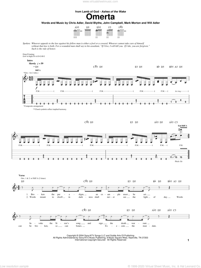 Omerta sheet music for guitar (tablature) by Lamb Of God, Chris Adler, David Blythe, John Campbell, Mark Morton and Will Adler, intermediate skill level