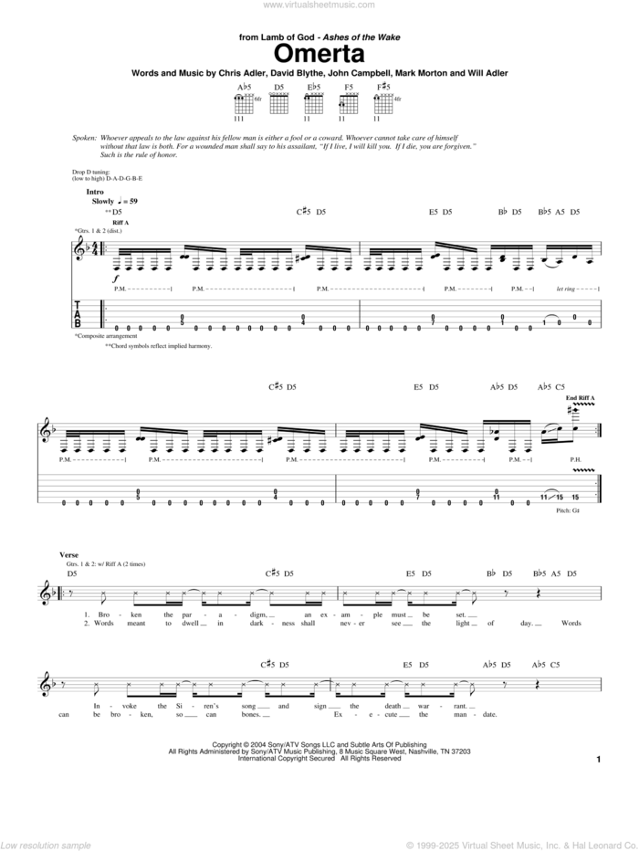 Omerta sheet music for guitar (tablature) by Lamb Of God, Chris Adler, David Blythe, John Campbell, Mark Morton and Will Adler, intermediate skill level