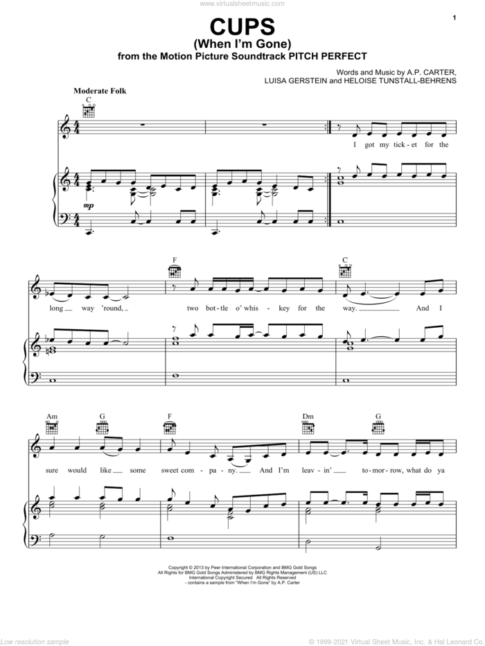 Cups (When I'm Gone) sheet music for voice, piano or guitar by Anna Kendrick, A.P. Carter, Heloise Tunstall-Behrens and Luisa Gerstein, intermediate skill level