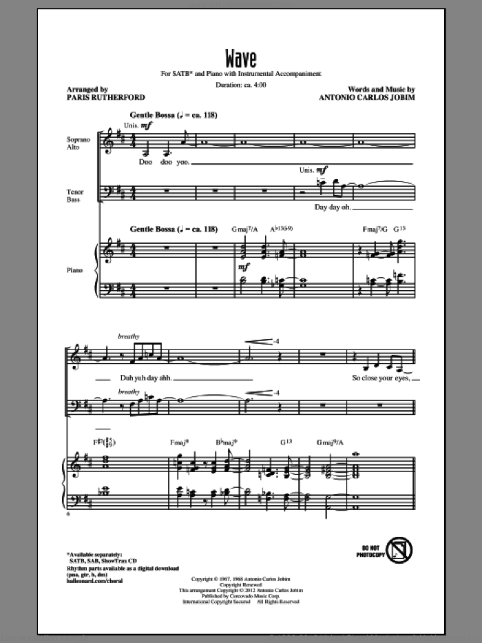 Wave sheet music for choir (SATB: soprano, alto, tenor, bass) by Antonio Carlos Jobim and Paris Rutherford, intermediate skill level