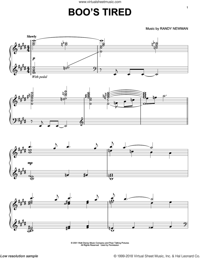 Boo's Tired sheet music for piano solo by Randy Newman, Monsters University (Movie) and Monsters, Inc. (Movie), intermediate skill level